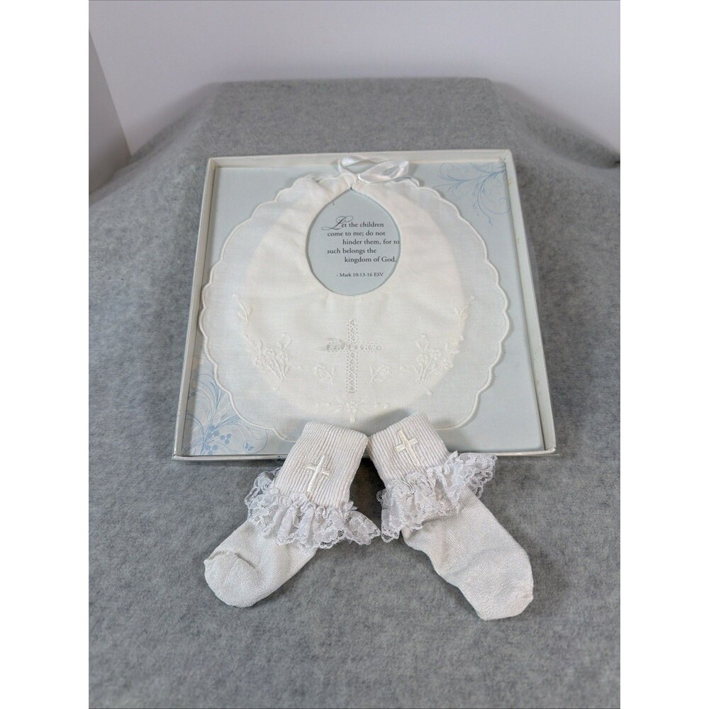 Baby White Christening Baptism Bib & Socks Set Lace Trim Embroidered Cross Gift